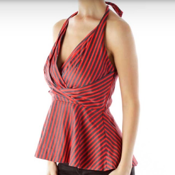 Anthropologie Red & Dark Grey Striped Peplum Halter Top Size 6 - Picture 5 of 6